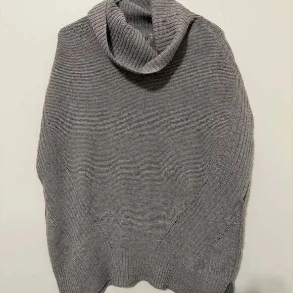 Kinross 100% Cashmere Grey Ribbed Cowl Neck Poncho Sweater - Picture 3 of 3